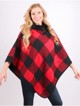 Plaid & Abstract Poncho W/ Fur Collar